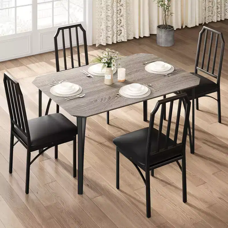 Ensemble table et chaises de salle à manger pour 4 personnes, table de cuisine et chaises pour 4 avec design chanfreiné, ensemble de salle à manger 5 pièces avec sièges coussinés