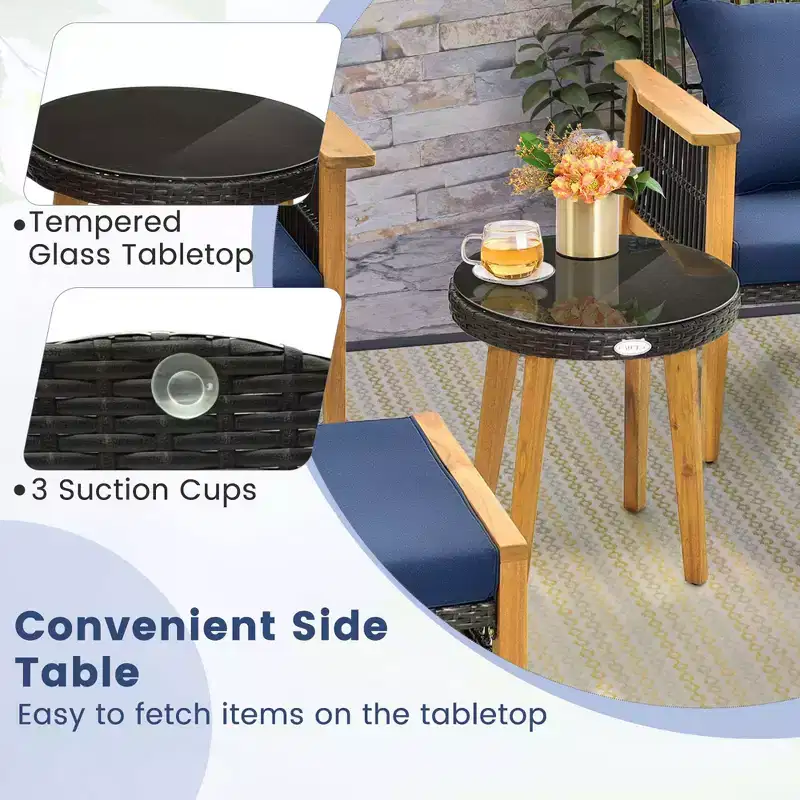 Ensemble de 5 pièces de mobilier de patio en bois d'acacia et osier tressé Costway avec table basse et 2 poufs Bleu marine/Beige