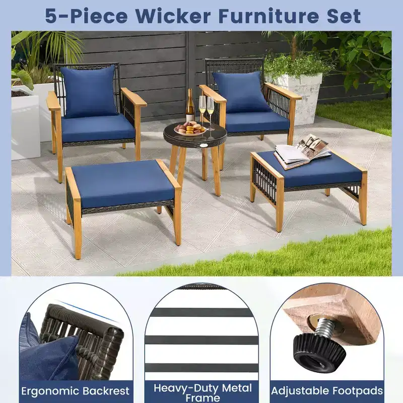 Ensemble de 5 pièces de mobilier de patio en bois d'acacia et osier tressé Costway avec table basse et 2 poufs Bleu marine/Beige