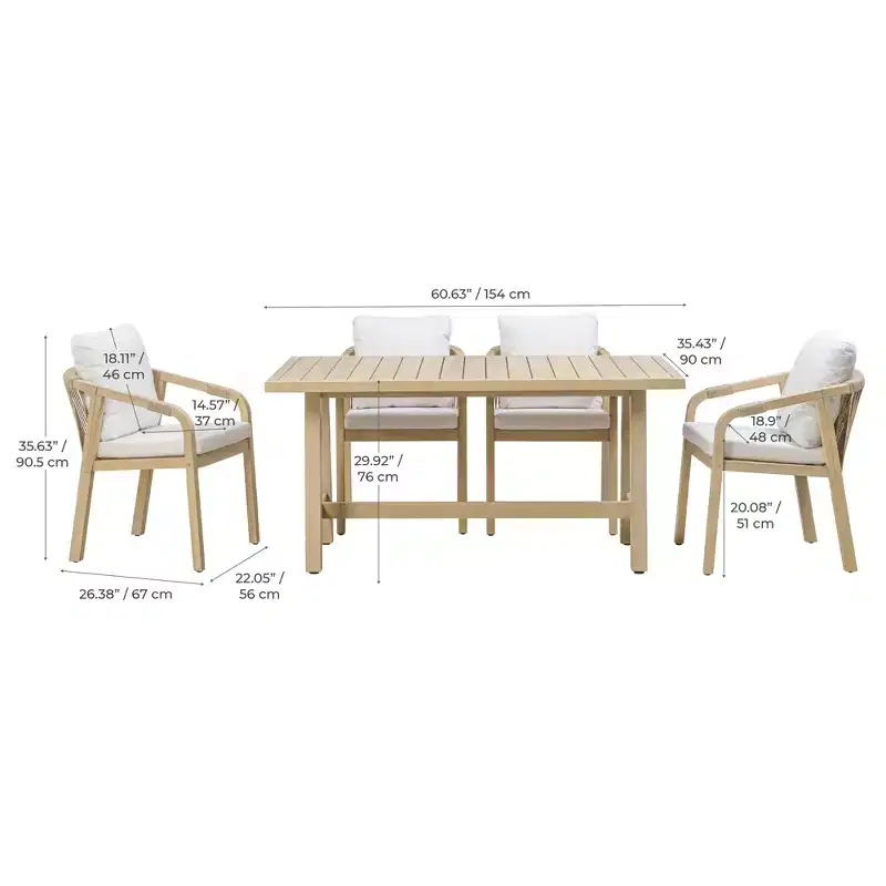 Ensemble de salle à manger d'extérieur en bois 5 pièces avec coussins, bois d'eucalyptus naturel - Teamson Home : Sièges avec coussins épais et grande table à manger