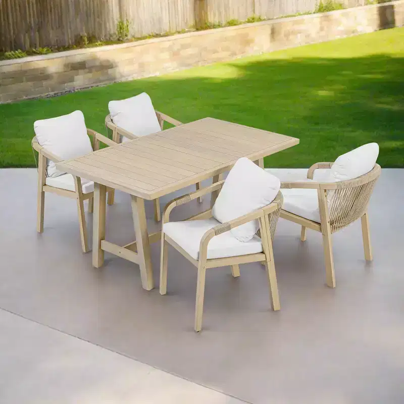 Ensemble de salle à manger d'extérieur en bois 5 pièces avec coussins, bois d'eucalyptus naturel - Teamson Home : Sièges avec coussins épais et grande table à manger