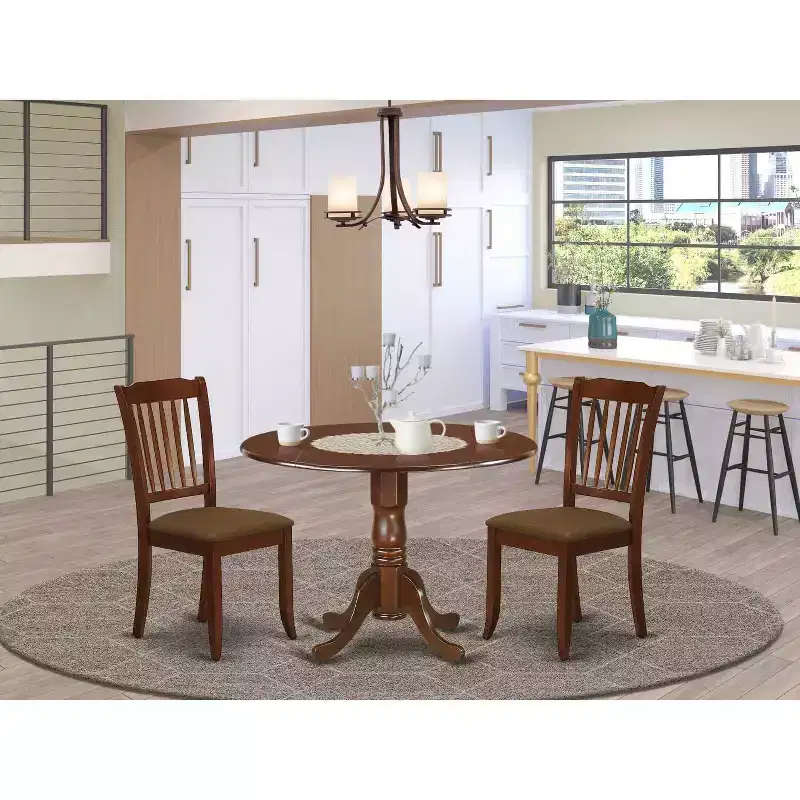 Ensemble de salle à manger rond avec table à rallonges et 2 chaises de salle à manger en lin - Finition acajou