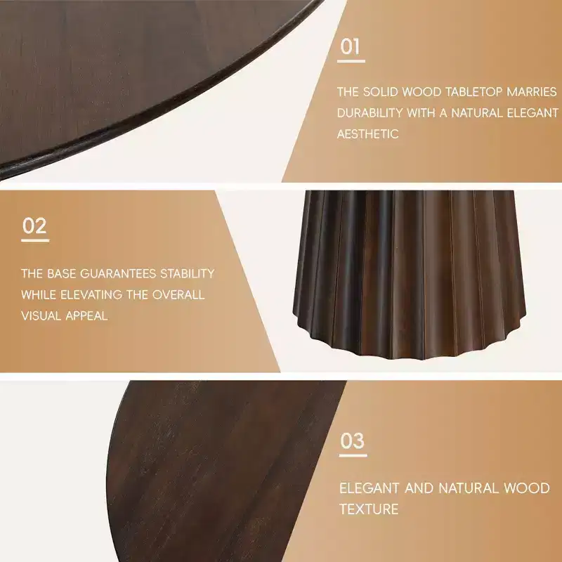 Ensemble table à manger ronde moderne PexFix 52 avec 6 chaises rembourrées Plateau en bois texturé noyer Base plissée Piètement Sièges beiges pour cuisine salle à manger