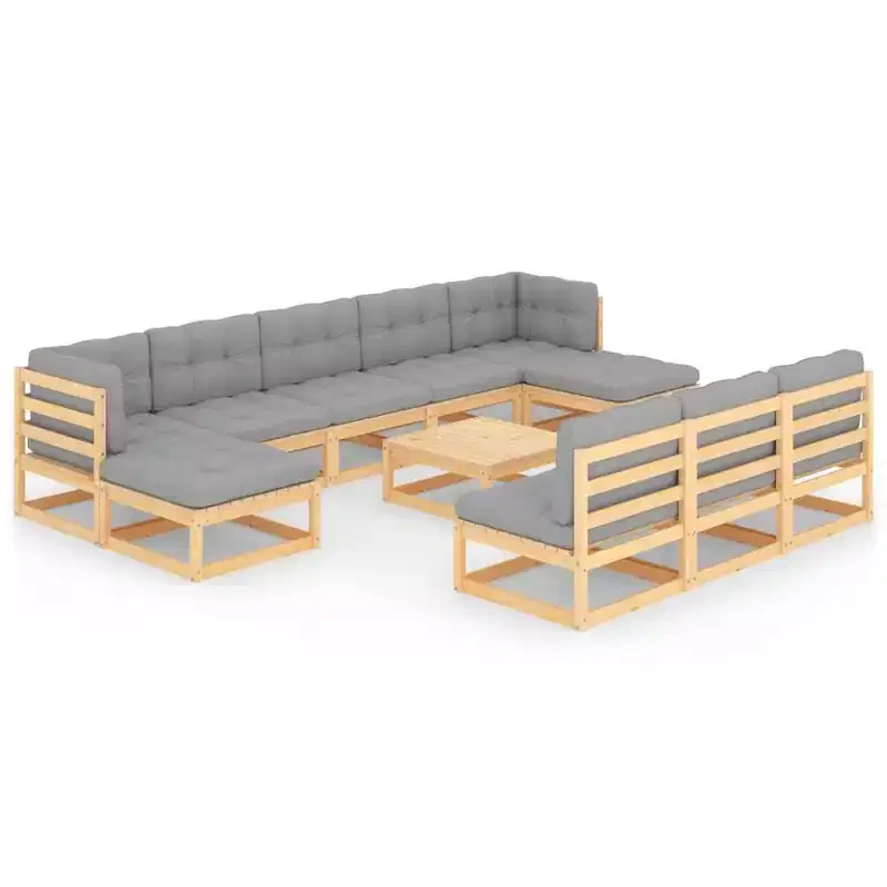 vidaXL Salon de jardin 11 pièces Canapé modulable d'extérieur Bois de pin massif - Naturel avec coussin