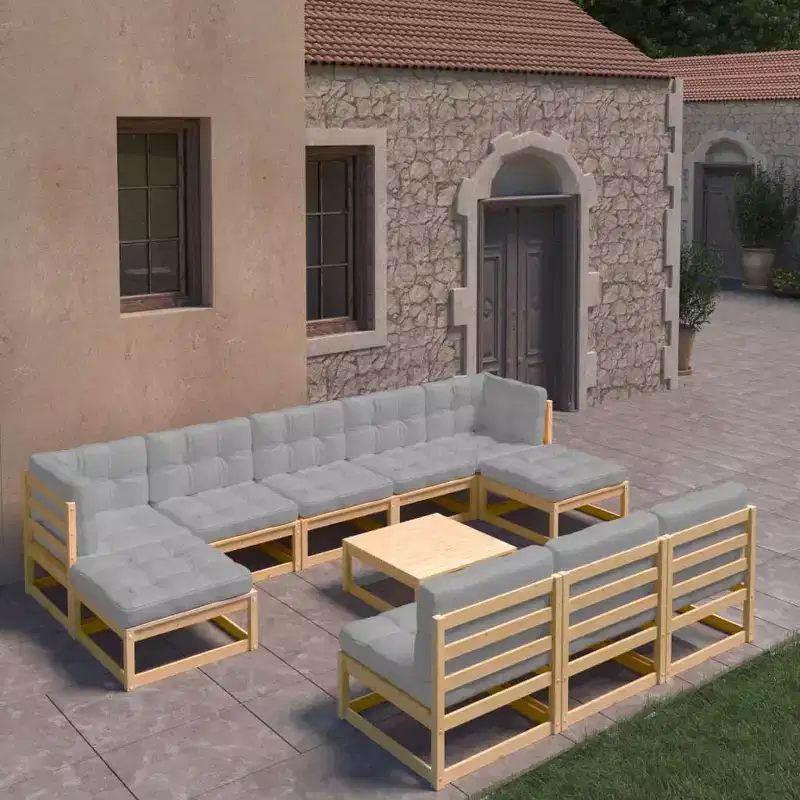 vidaXL Salon de jardin 11 pièces Canapé modulable d'extérieur Bois de pin massif - Naturel avec coussin
