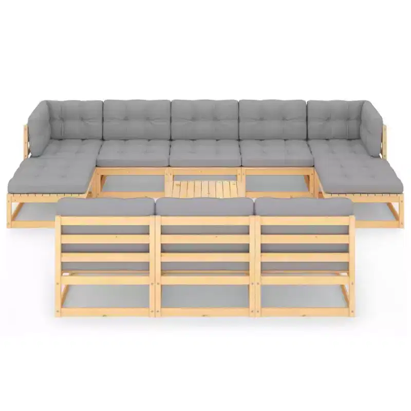 vidaXL Salon de jardin 11 pièces Canapé modulable d'extérieur Bois de pin massif - Naturel avec coussin