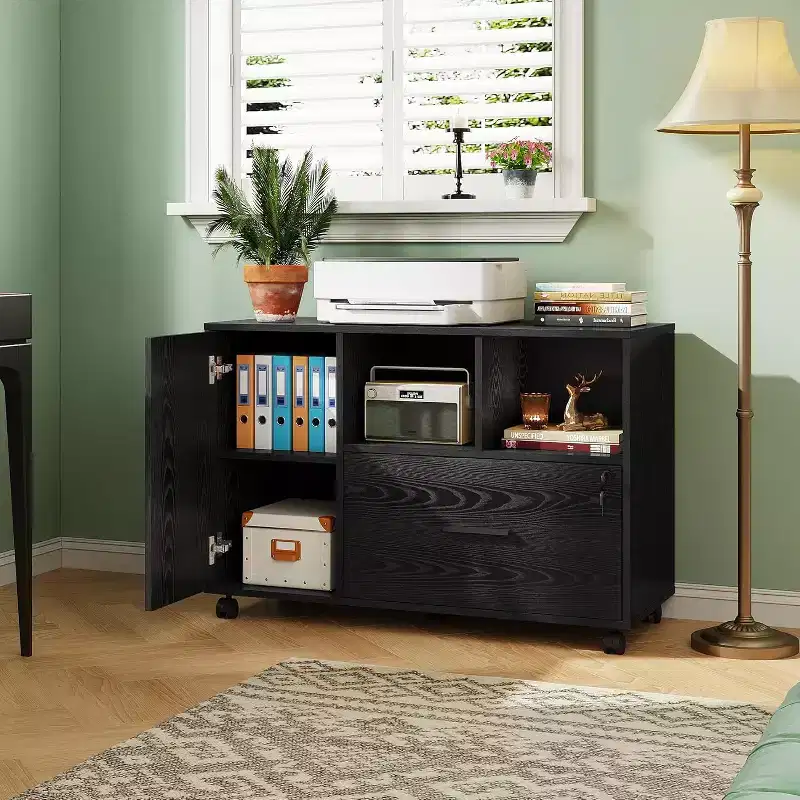 Meuble de rangement de bureau avec serrure, classeur latéral en bois à 1 tiroir sur roulettes, support d'imprimante avec étagères de rangement ouvertes pour bureau à domicile