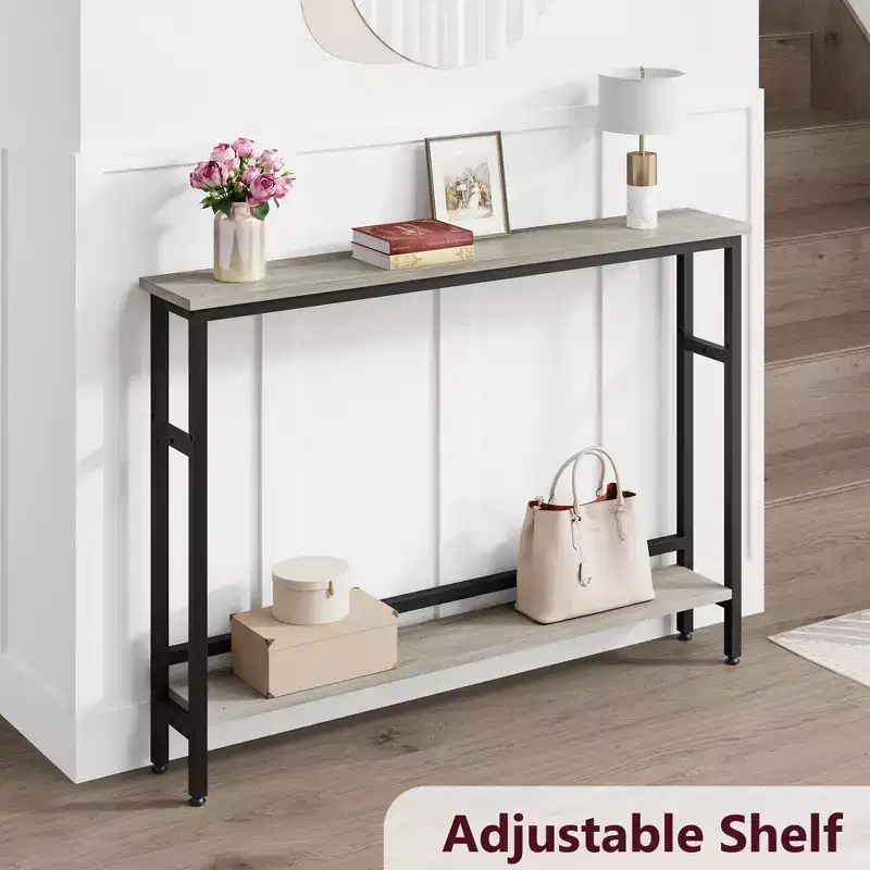 5.9 Table Console Étroite avec Étagère Réglable - Table d'Appoint Industrielle Mince à 2 Niveaux pour Couloir, Entrée et Salon