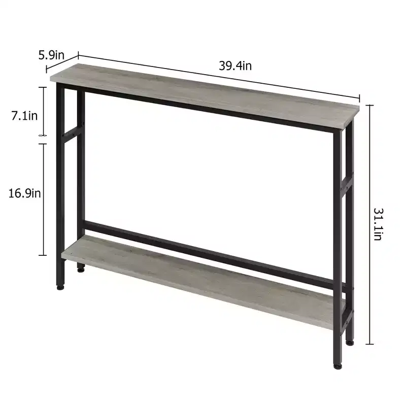 5.9 Table Console Étroite avec Étagère Réglable - Table d'Appoint Industrielle Mince à 2 Niveaux pour Couloir, Entrée et Salon