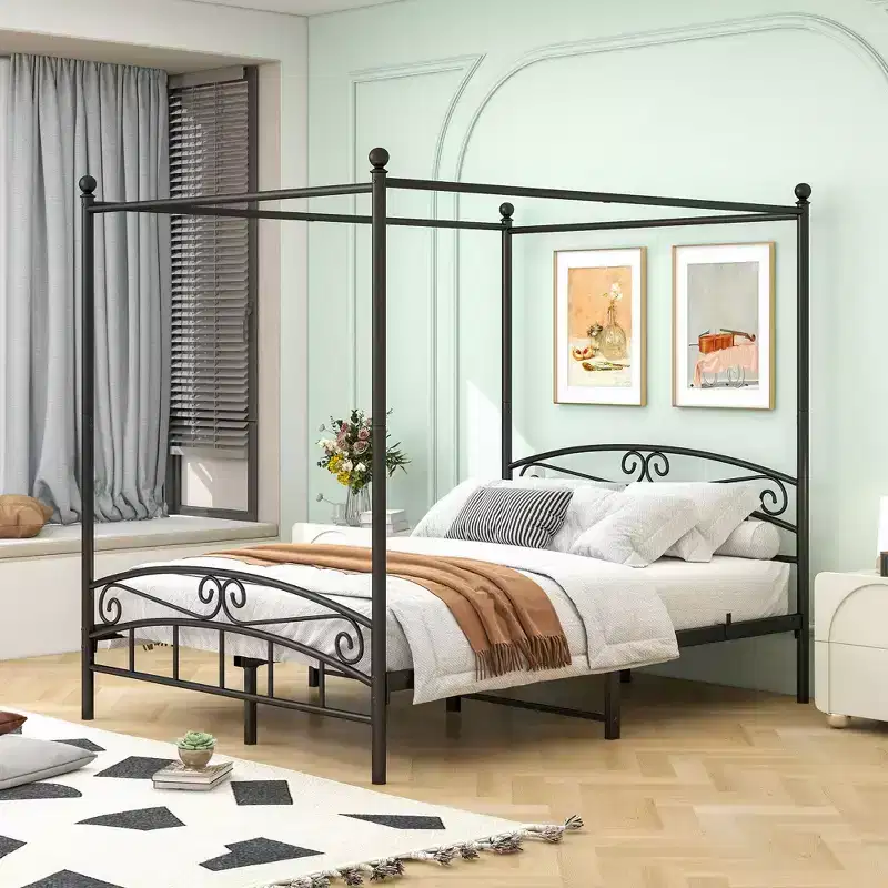 Cadre de lit en métal Queen Size avec baldaquin, tête et pied de lit vintage, silencieux pour chambre à coucher