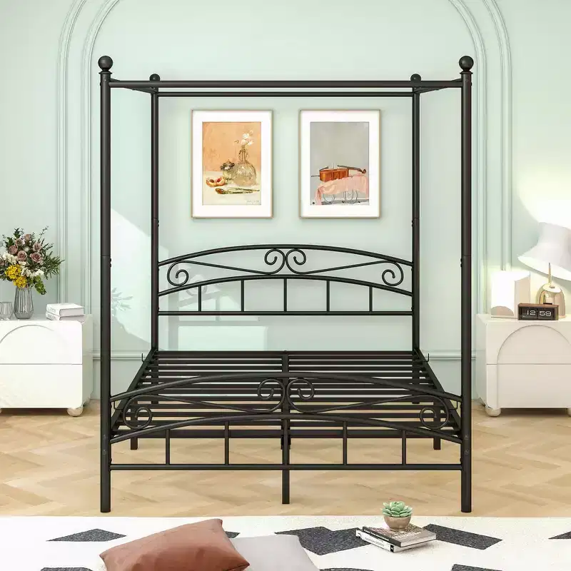 Cadre de lit en métal Queen Size avec baldaquin, tête et pied de lit vintage, silencieux pour chambre à coucher