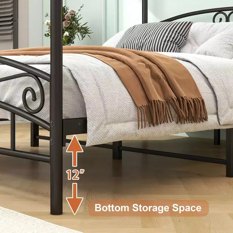 Cadre de lit en métal Queen Size avec baldaquin, tête et pied de lit vintage, silencieux pour chambre à coucher