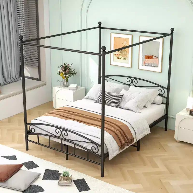 Cadre de lit en métal Queen Size avec baldaquin, tête et pied de lit vintage, silencieux pour chambre à coucher