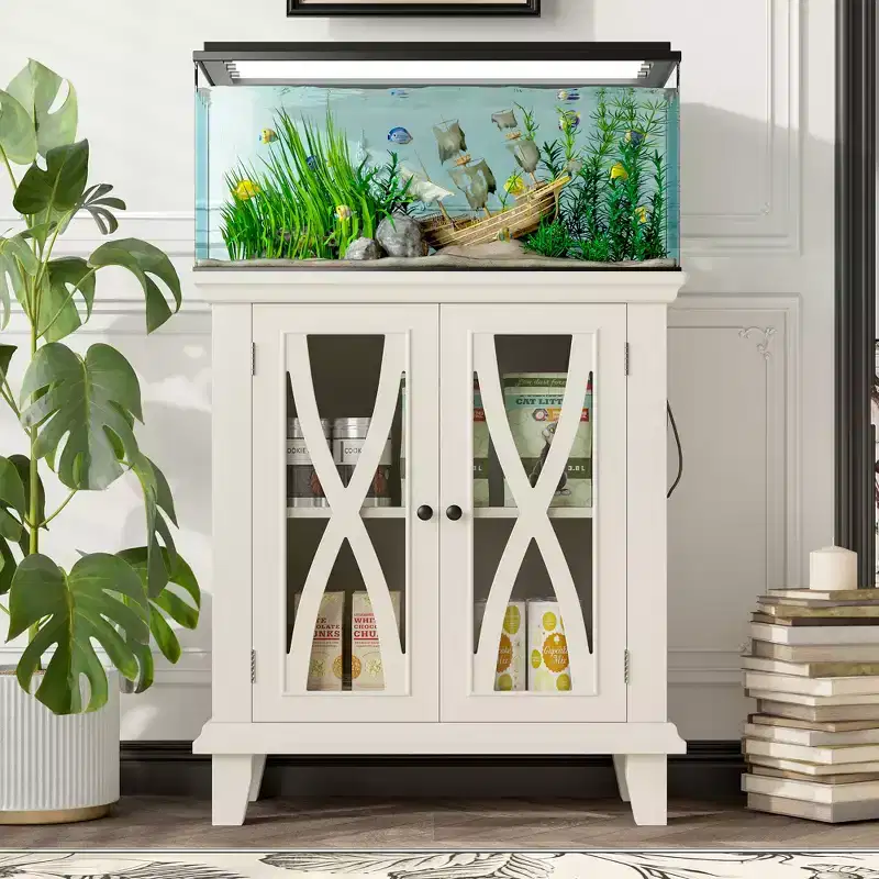 Meuble d'aquarium en bois de style ferme avec prises de courant et étagères réglables