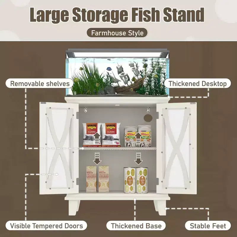 Meuble d'aquarium en bois de style ferme avec prises de courant et étagères réglables