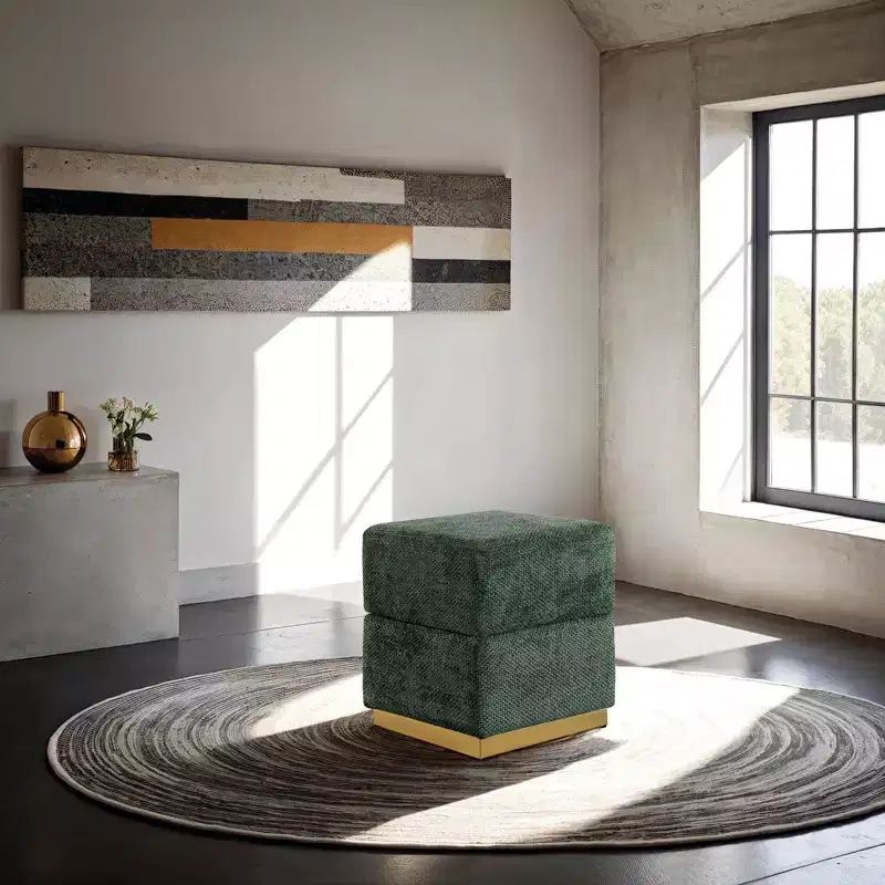 Tabouret d'appoint de rangement 15 Cube, pouf rembourré en chenille avec compartiment caché, base plaquée or, table d'appoint pour salon, chambre à coucher