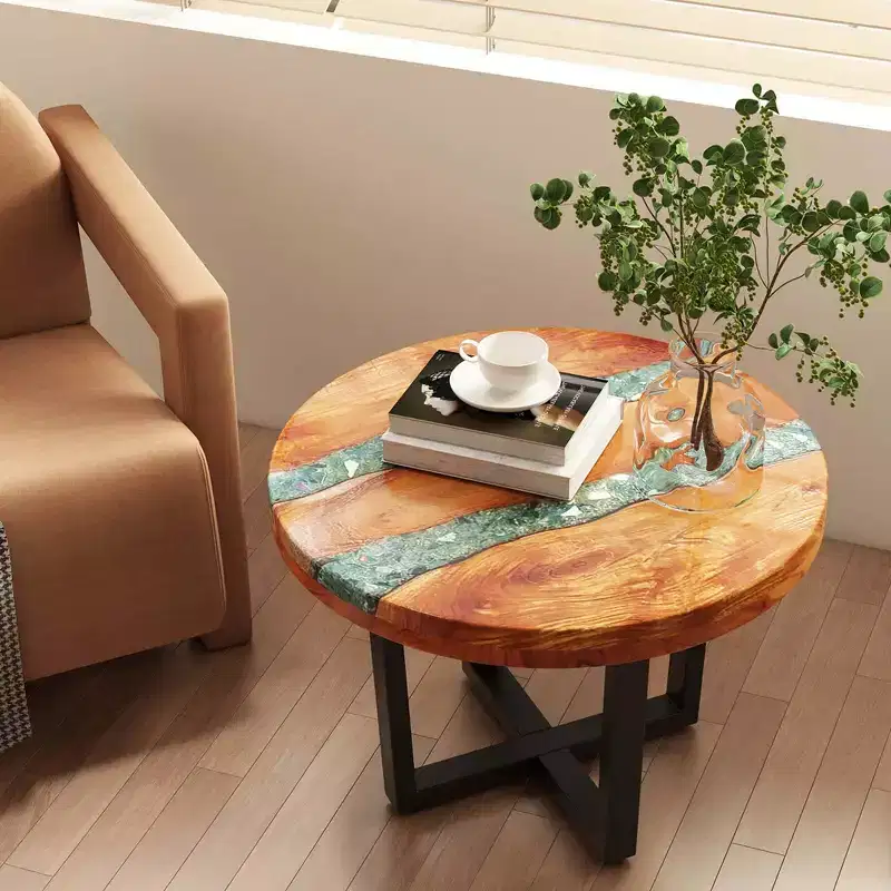 Table d'appoint ronde en teck de 24 pouces avec plateau en résine époxy et base en acajou pour terrasse