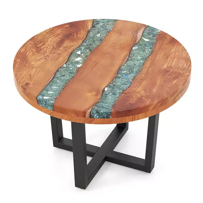 Table d'appoint ronde en teck de 24 pouces avec plateau en résine époxy et base en acajou pour terrasse