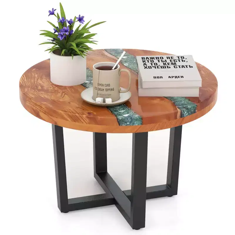 Table d'appoint ronde en teck de 24 pouces avec plateau en résine époxy et base en acajou pour terrasse