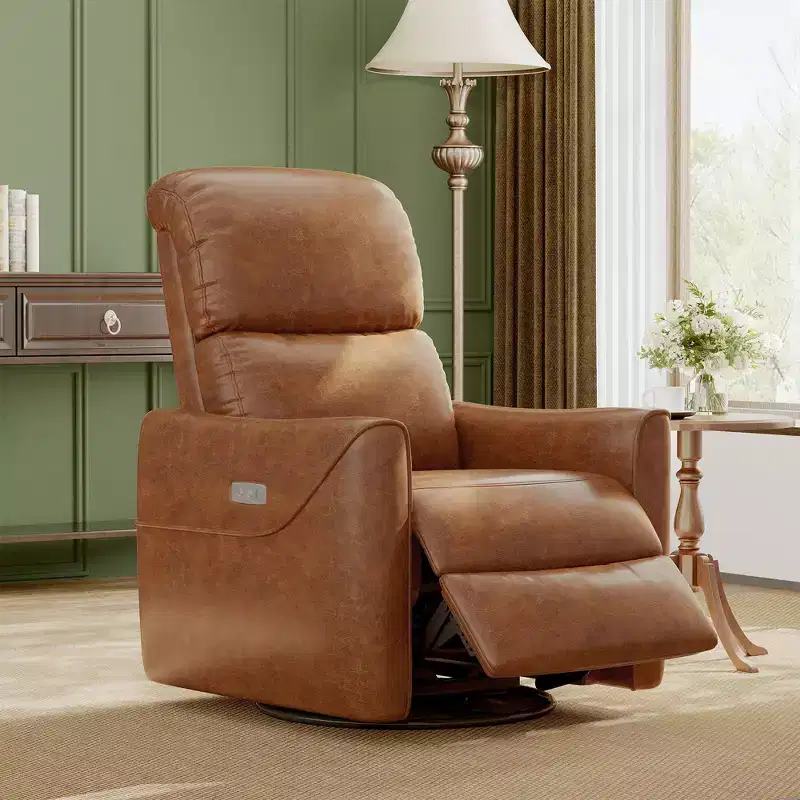 Fauteuil inclinable et pivotant en similicuir à bascule avec support lombaire, port de chargement USB et design Mid-century Modern (Marron)