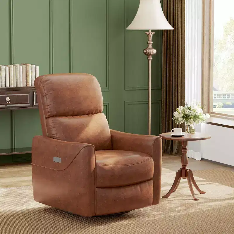 Fauteuil inclinable et pivotant en similicuir à bascule avec support lombaire, port de chargement USB et design Mid-century Modern (Marron)