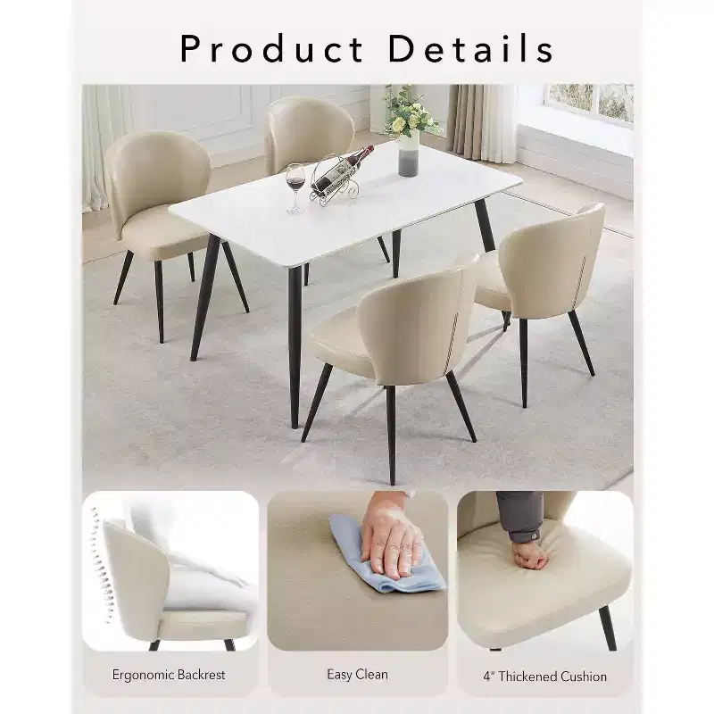 Chaises de salle à manger, chaises de salle à manger de cuisine modernes du milieu du siècle avec dossier et assise rembourrés, sans accoudoirs, en similicuir rembourré, beige