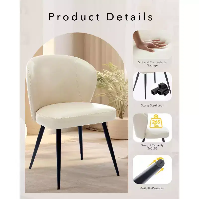 Chaises de salle à manger, chaises de salle à manger de cuisine modernes du milieu du siècle avec dossier et assise rembourrés, sans accoudoirs, en similicuir rembourré, beige