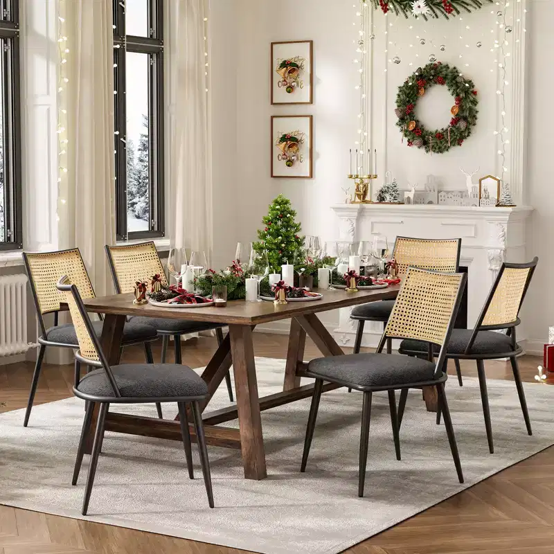 Chaises de salle à manger du milieu du siècle, Chaises de salle à manger en rotin avec cadre en métal, Chaises de salle à manger en tissu bouclé pour salle à manger, cuisine