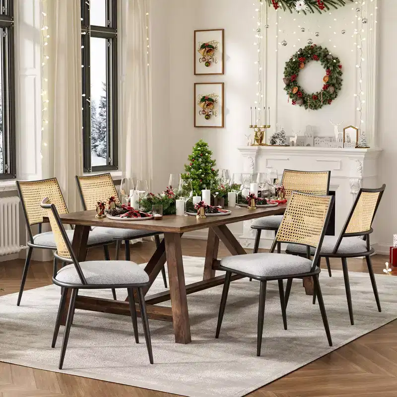 Chaises de salle à manger du milieu du siècle, Chaises de salle à manger en rotin avec cadre en métal, Chaises de salle à manger en tissu bouclé pour salle à manger, cuisine