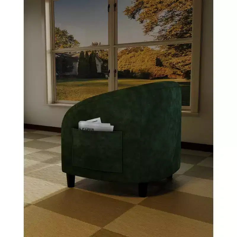 Fauteuil club 28 en velours avec dossier en U, accoudoirs incurvés et assise rembourrée douce pour salon et chambre