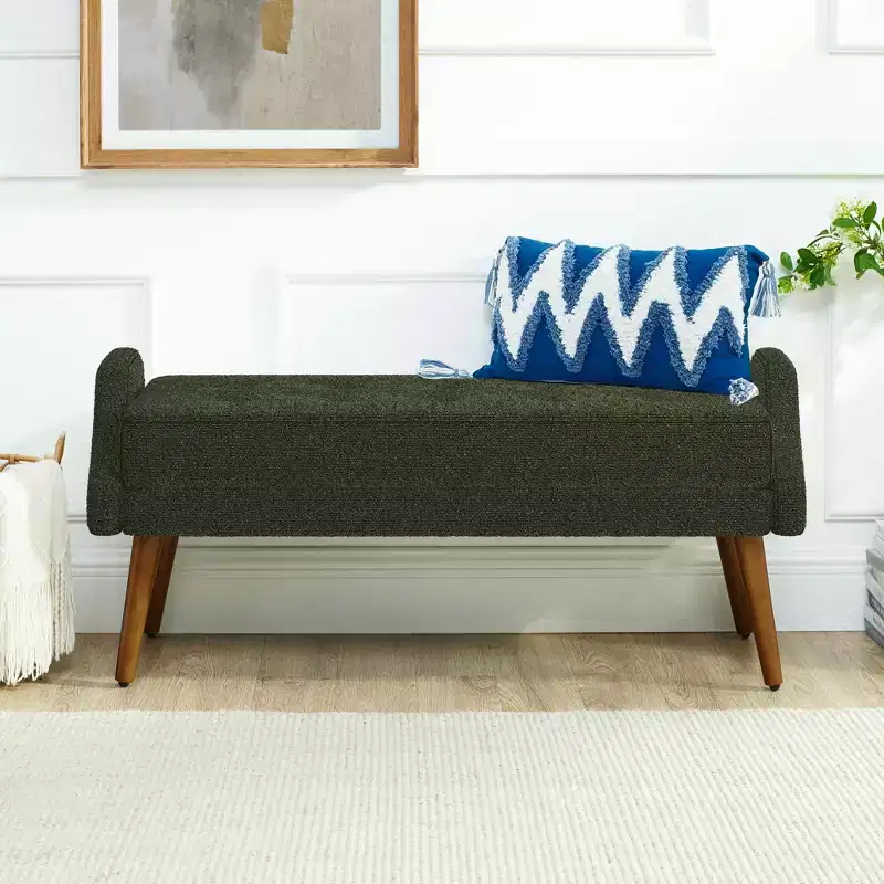 Banc de salon moderne en tissu filé bouclé avec coussin doux, accoudoirs géométriques irréguliers, pieds en bois d'hévéa, vert