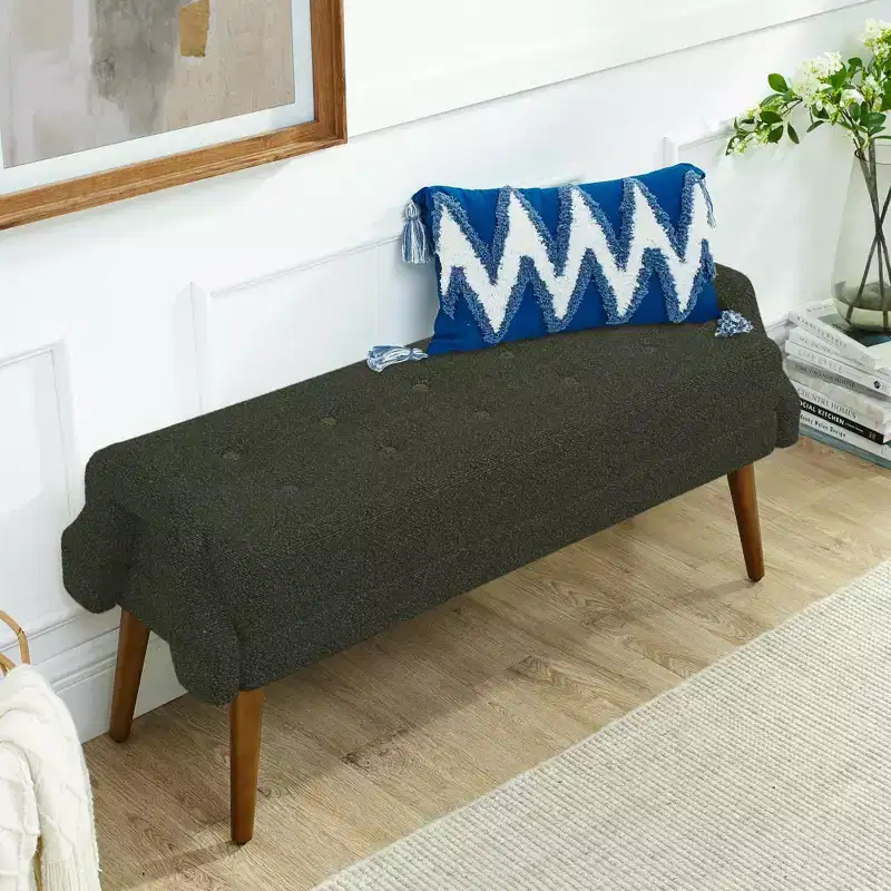 Banc de salon moderne en tissu filé bouclé avec coussin doux, accoudoirs géométriques irréguliers, pieds en bois d'hévéa, vert