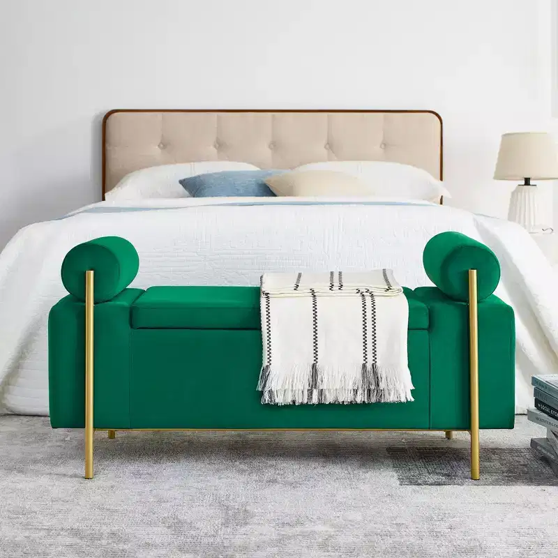 Banc de rangement capitonné élégant avec accoudoirs cylindriques et pieds en fer pour couloir salon chambre vert