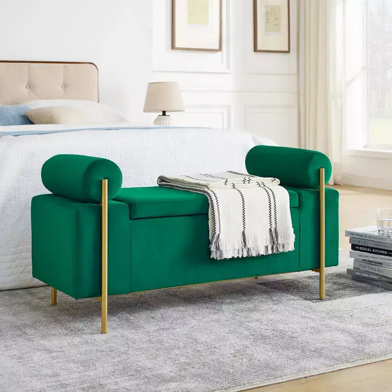 Banc de rangement capitonné élégant avec accoudoirs cylindriques et pieds en fer pour couloir salon chambre vert