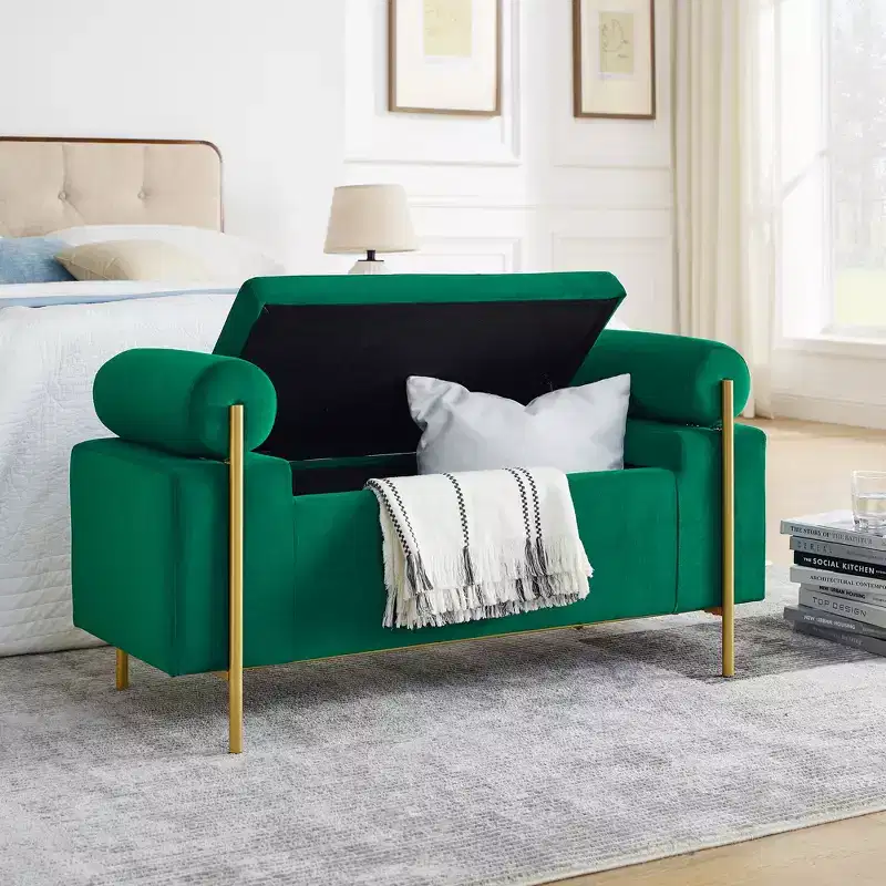 Banc de rangement capitonné élégant avec accoudoirs cylindriques et pieds en fer pour couloir salon chambre vert