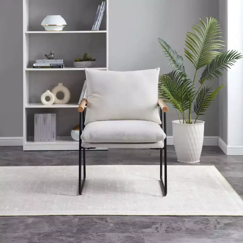 Fauteuil d'appoint moderne avec accoudoirs en bois, fauteuil de lecture avec coussin amovible, fauteuil douillet pour salon, chambre, bureau, blanc laiteux