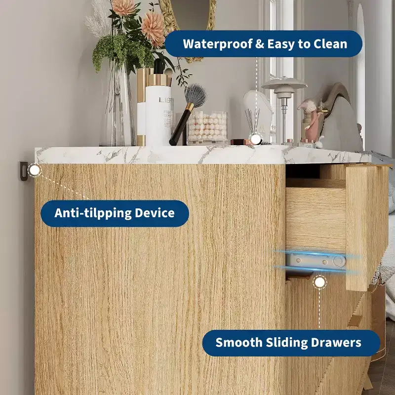 Commode moderne en bois cannelé à 8 tiroirs, design incurvé et poignées, meuble de rangement pour vêtements, meuble TV pour chambre à coucher ou couloir