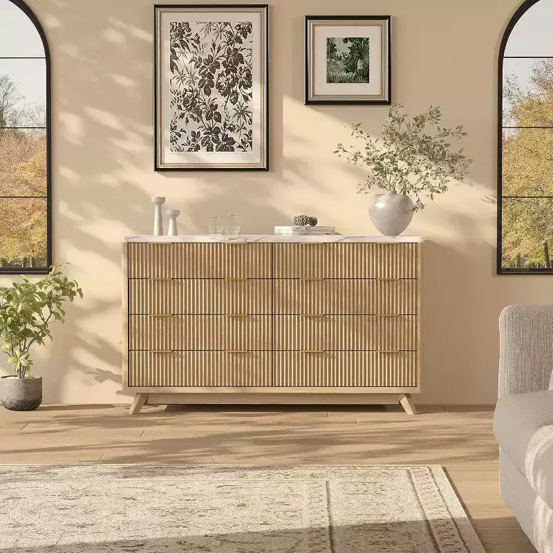 Commode moderne en bois cannelé à 8 tiroirs, design incurvé et poignées, meuble de rangement pour vêtements, meuble TV pour chambre à coucher ou couloir