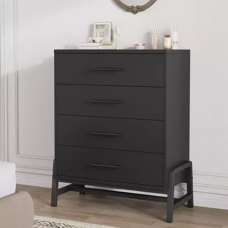 38,6 Commode haute en bois naturel à 4 tiroirs, Meuble de rangement autoportant pour chambre à coucher ou entrée