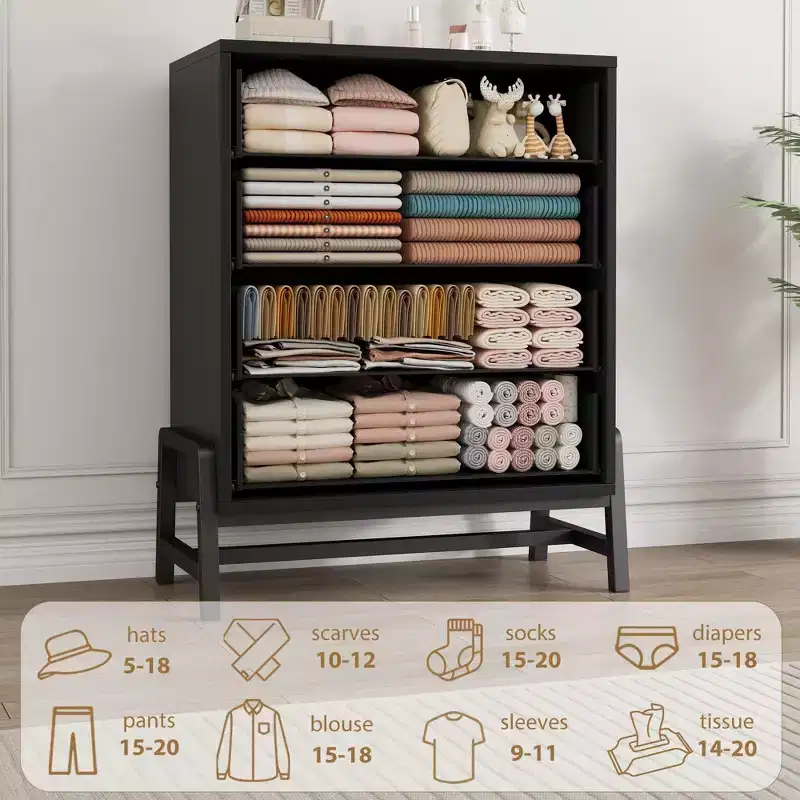 38,6 Commode haute en bois naturel à 4 tiroirs, Meuble de rangement autoportant pour chambre à coucher ou entrée