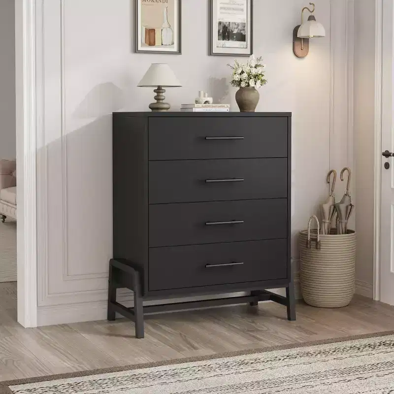 38,6 Commode haute en bois naturel à 4 tiroirs, Meuble de rangement autoportant pour chambre à coucher ou entrée