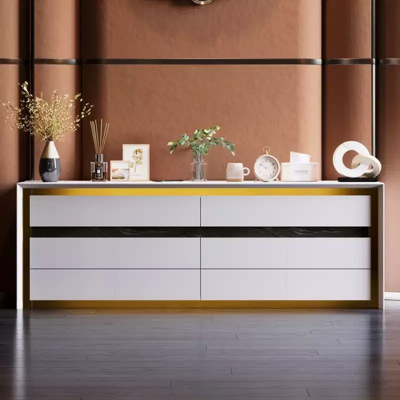 Commodes Blanches à Six Tiroirs Armoire de Rangement Dorée Encastrée Style Contemporain