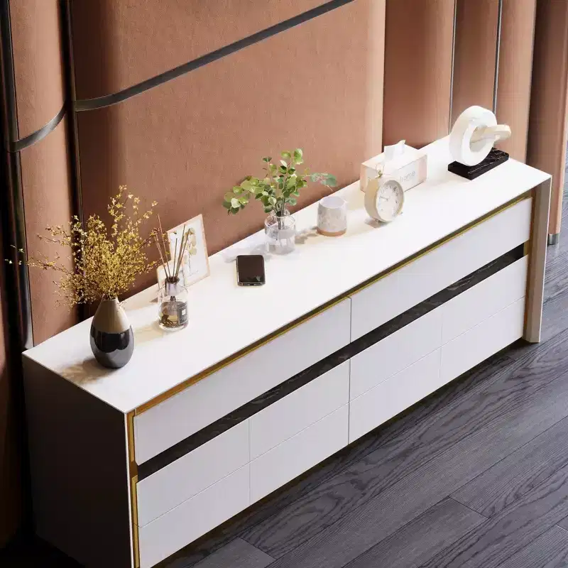 Commodes Blanches à Six Tiroirs Armoire de Rangement Dorée Encastrée Style Contemporain