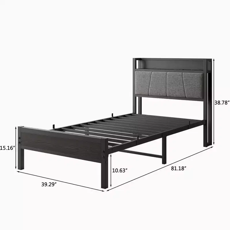 Cadre de lit double avec tête de lit de rangement et station de recharge, pas besoin de sommier tapissier pour chambre à coucher