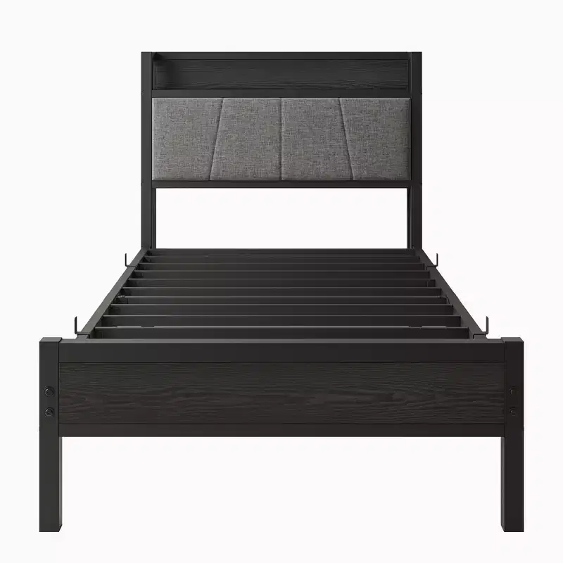 Cadre de lit double avec tête de lit de rangement et station de recharge, pas besoin de sommier tapissier pour chambre à coucher
