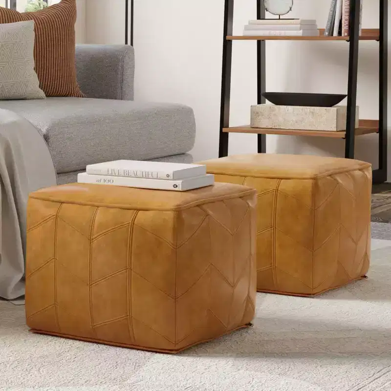 Pouf carré marron : cuir véritable chevrons, aucun assemblage requis, assise rembourrée