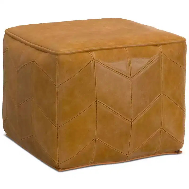 Pouf carré marron : cuir véritable chevrons, aucun assemblage requis, assise rembourrée