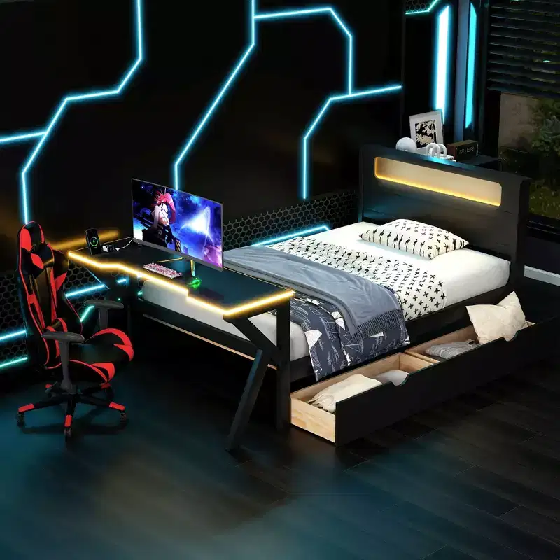 Lit plateforme de jeu double/complet avec tête de lit LED et bureau, cadre de lit en bois massif avec tiroirs de rangement et USB pour joueurs adultes