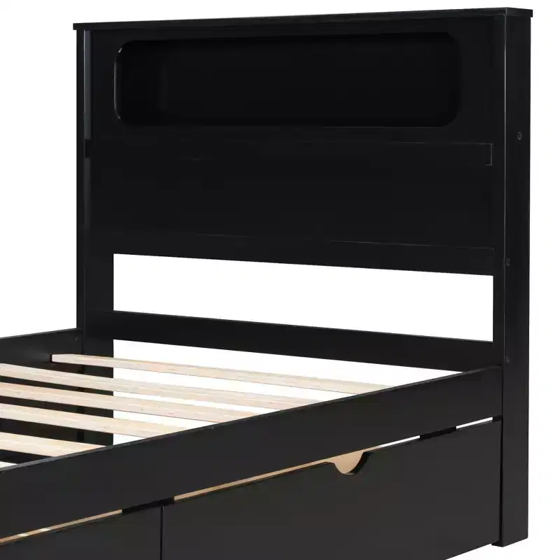 Lit plateforme de jeu double/complet avec tête de lit LED et bureau, cadre de lit en bois massif avec tiroirs de rangement et USB pour joueurs adultes