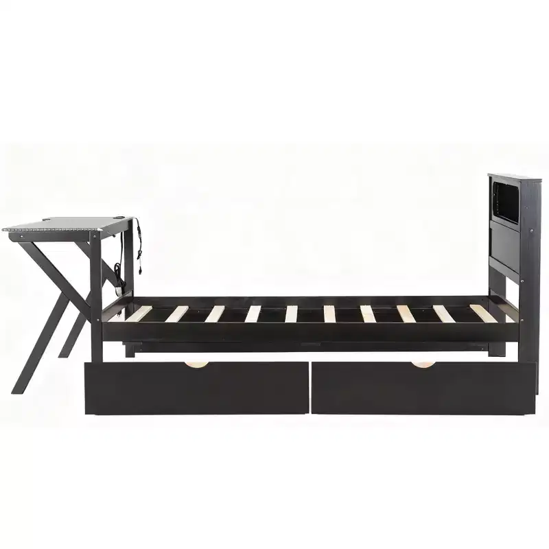 Lit plateforme de jeu double/complet avec tête de lit LED et bureau, cadre de lit en bois massif avec tiroirs de rangement et USB pour joueurs adultes